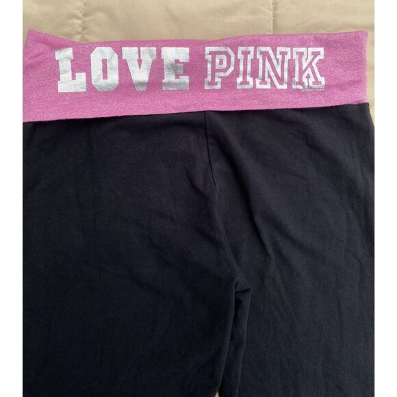 Y2K VS PINK M Foldover Black Flare Leggings Pink Silver Logo Low Rise Vtg - Picture 7 of 15